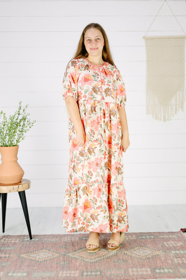 Harper Floral Midi Dress- Coral