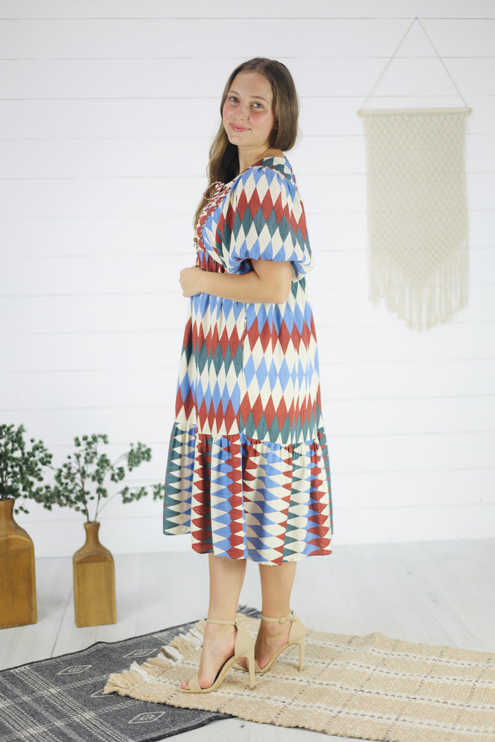 Emmi Diamond Print Midi Dress-Burgundy