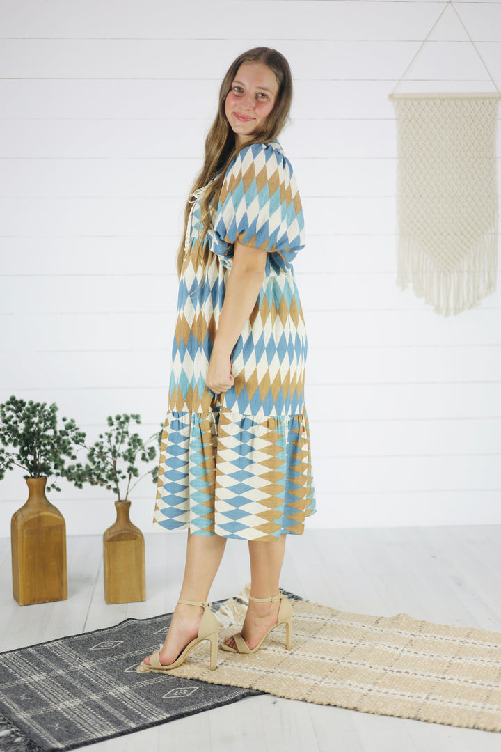 Emmi Diamond Print Midi Dress-Blue
