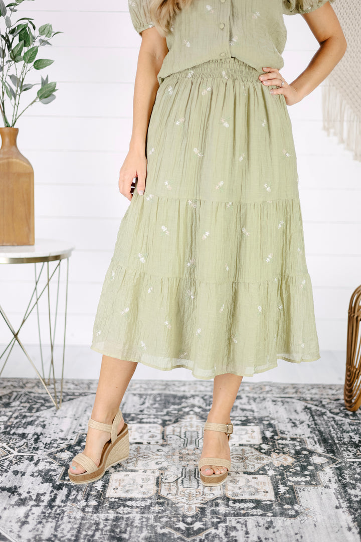 Bella Embroidered Midi Skirt- Olive