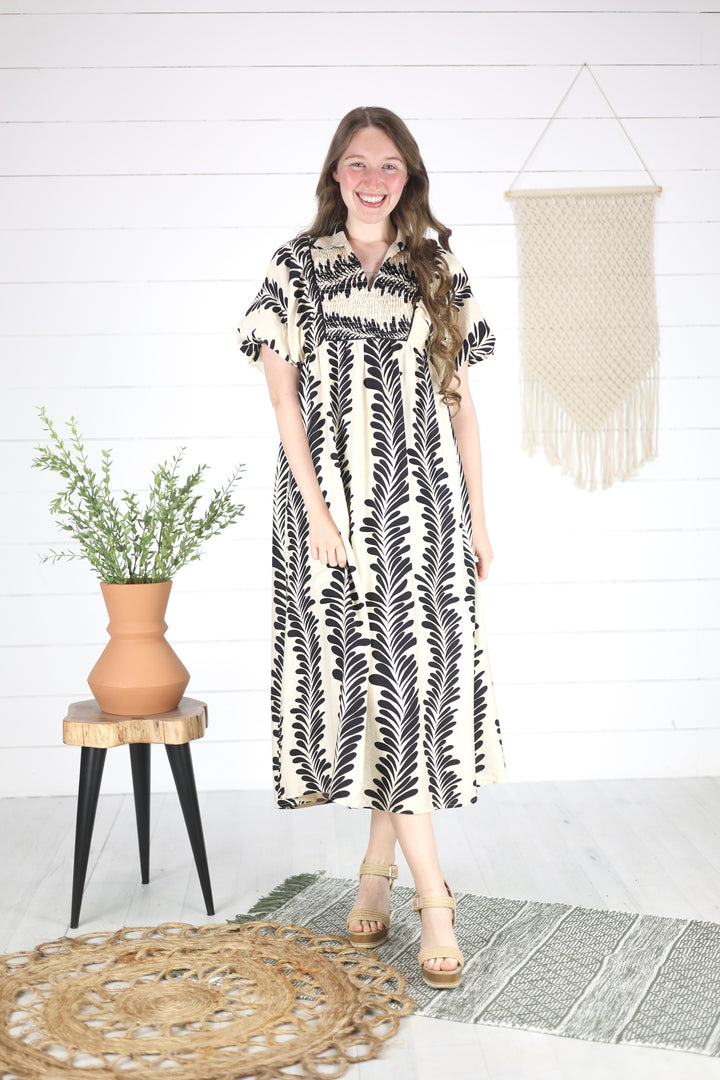 Nevada Print Midi Dress- Black