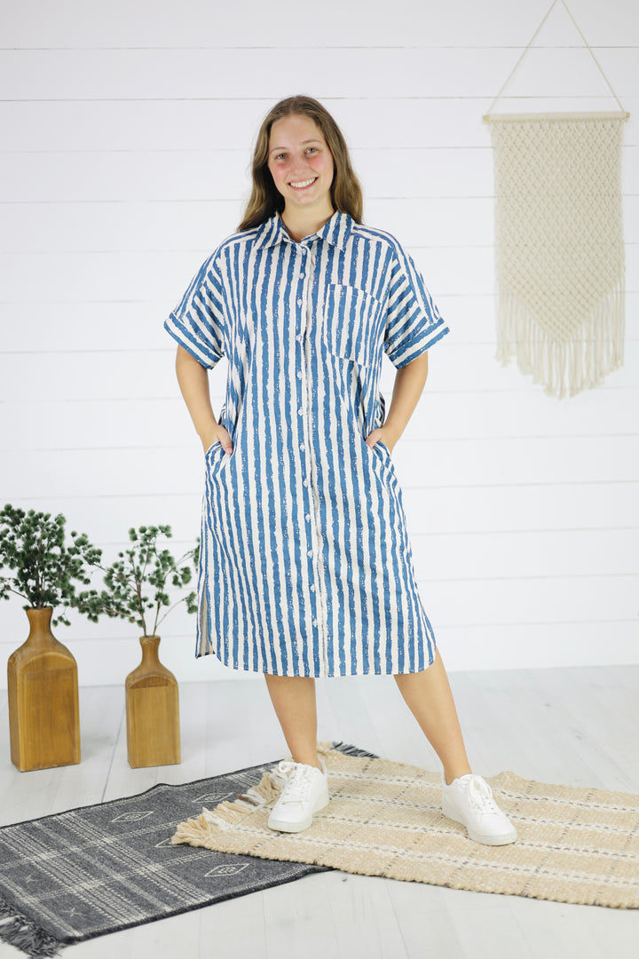 Harlow Stripe Midi Dress- Blue