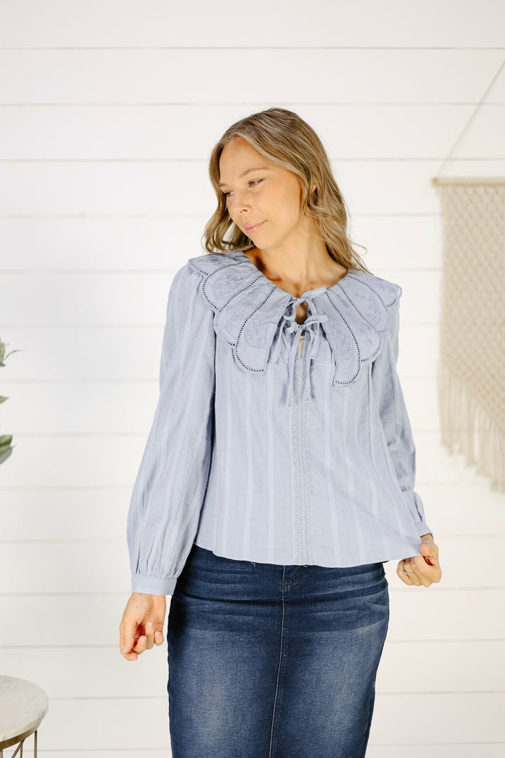 Bellamy Scalloped Collar Blouse- Slate Blue