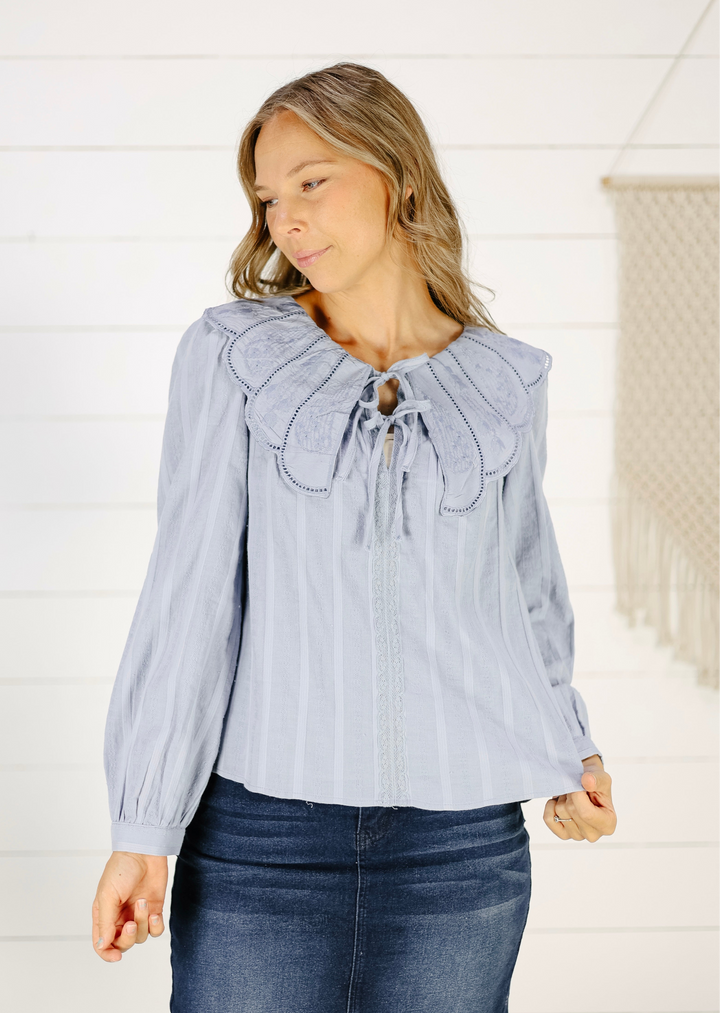 Bellamy Scalloped Collar Blouse- Slate Blue