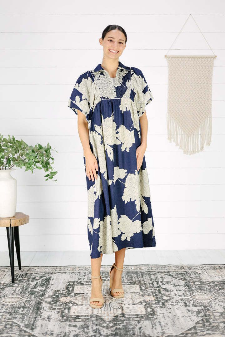 Hilary Floral Midi Dress- Navy