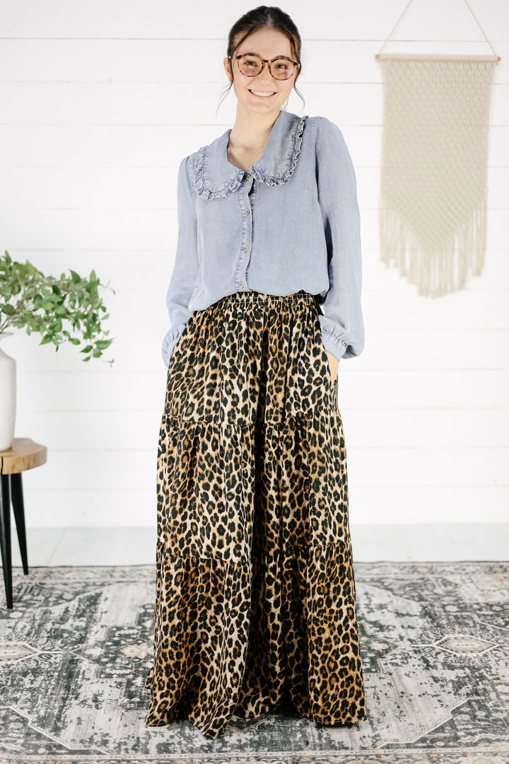 Soren Leopard Tiered Maxi Skirt - Brown