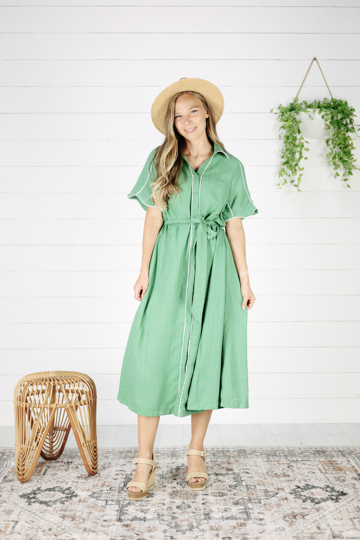 Ginelle Button Down Midi Dress- Sage