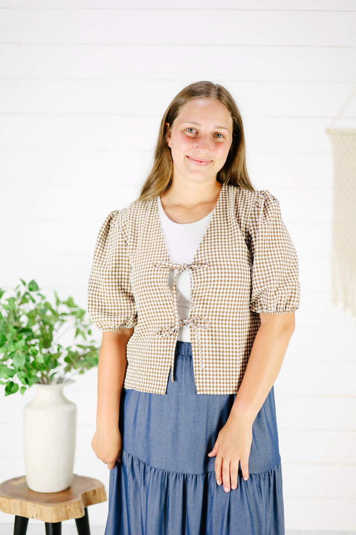 Courtney Gingham Tie Top- Brown