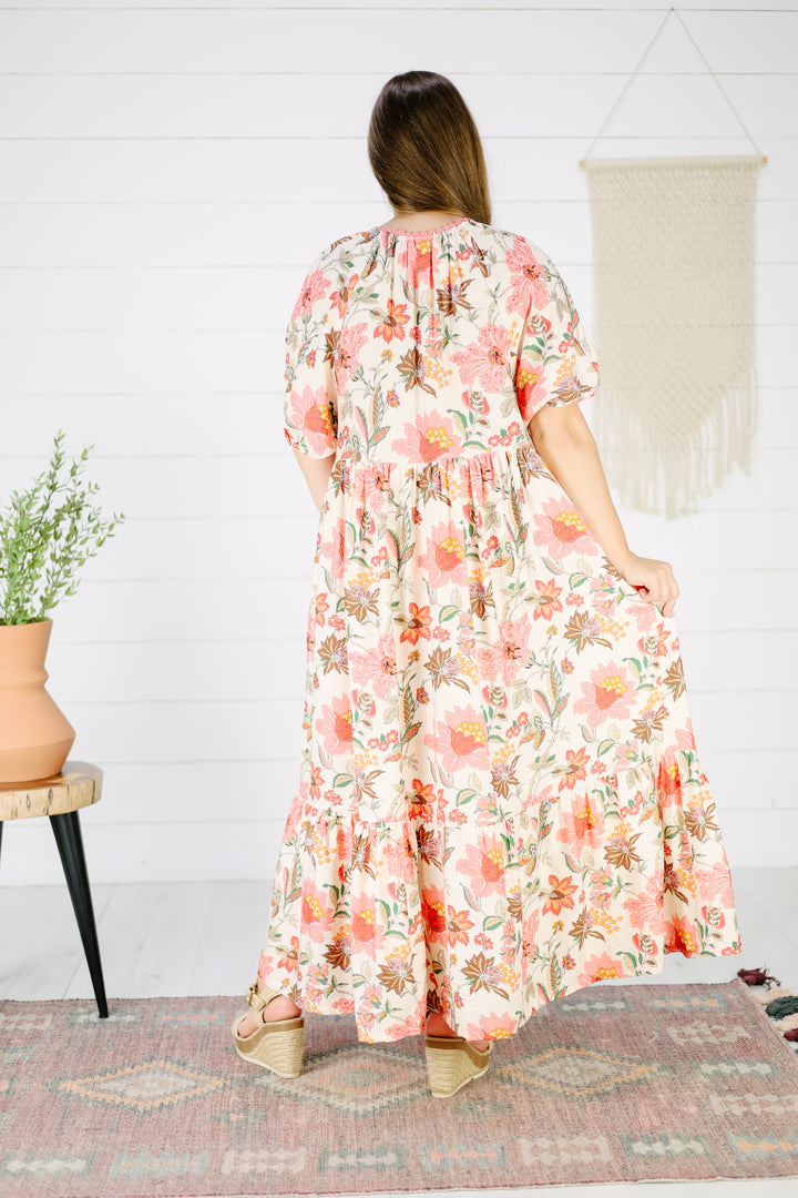 Harper Floral Midi Dress- Coral