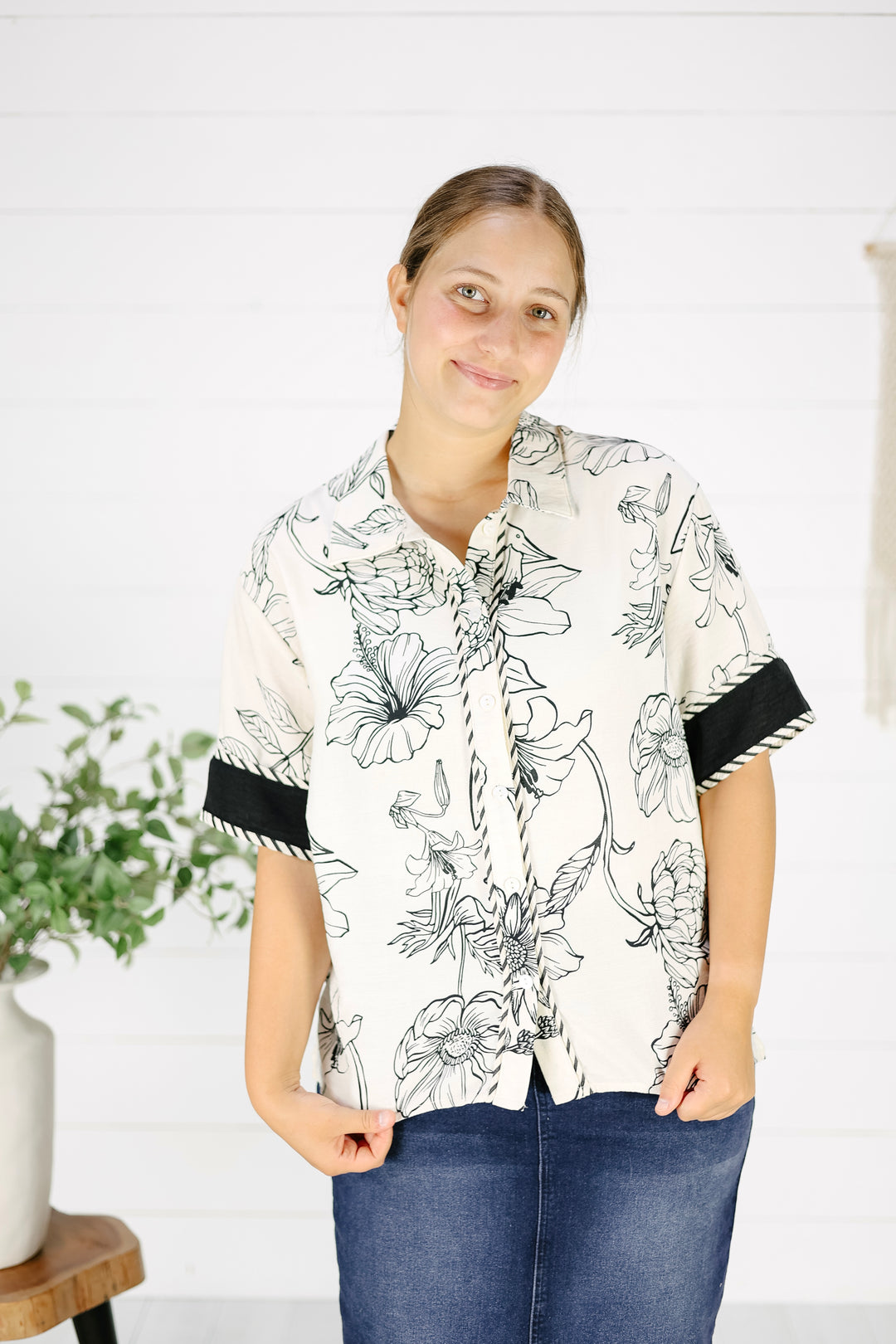 Adely Button Down Blouse- Black