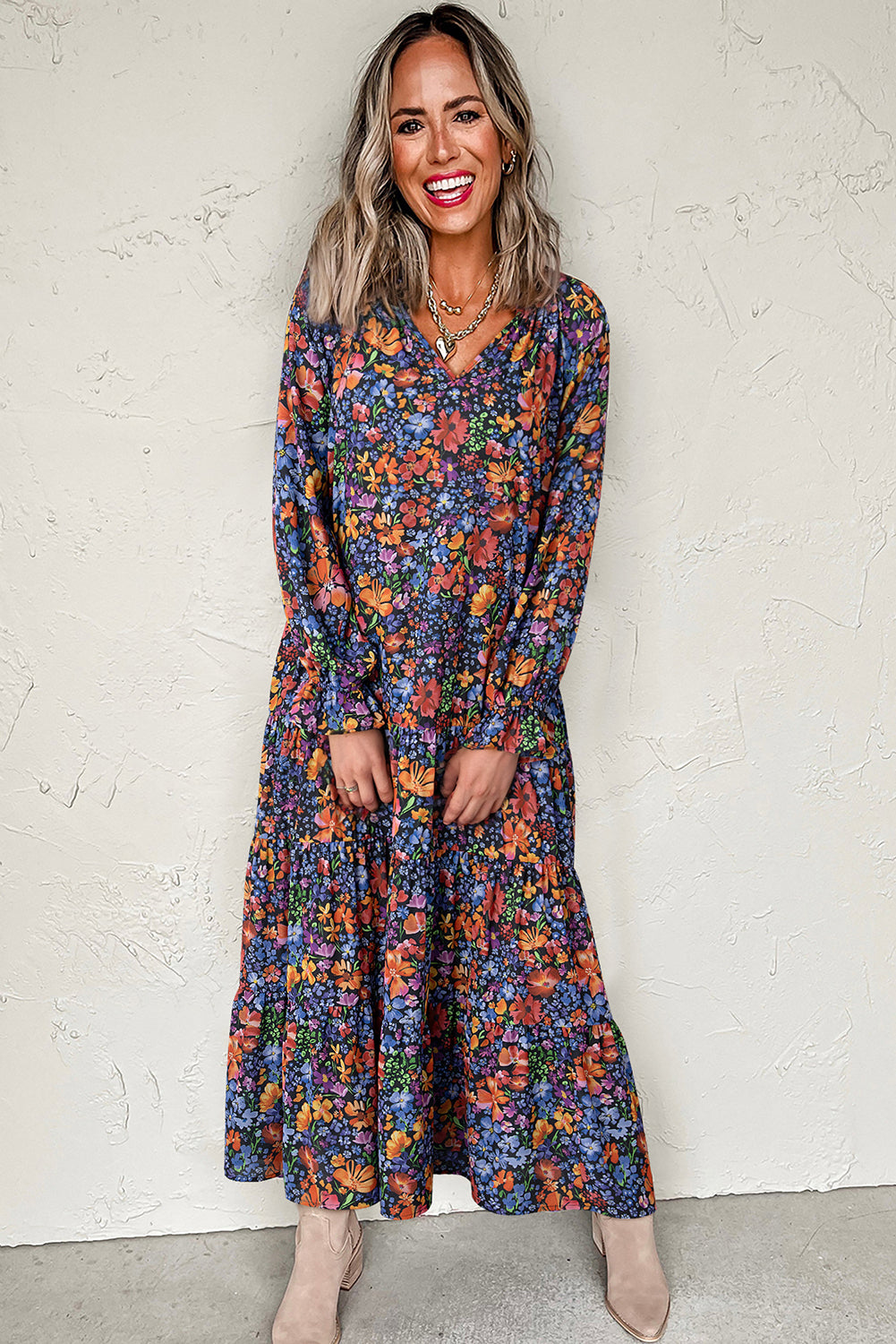 Blue Floral Print Tassel Tie V Neck Long Sleeve Flowy Maxi Dress