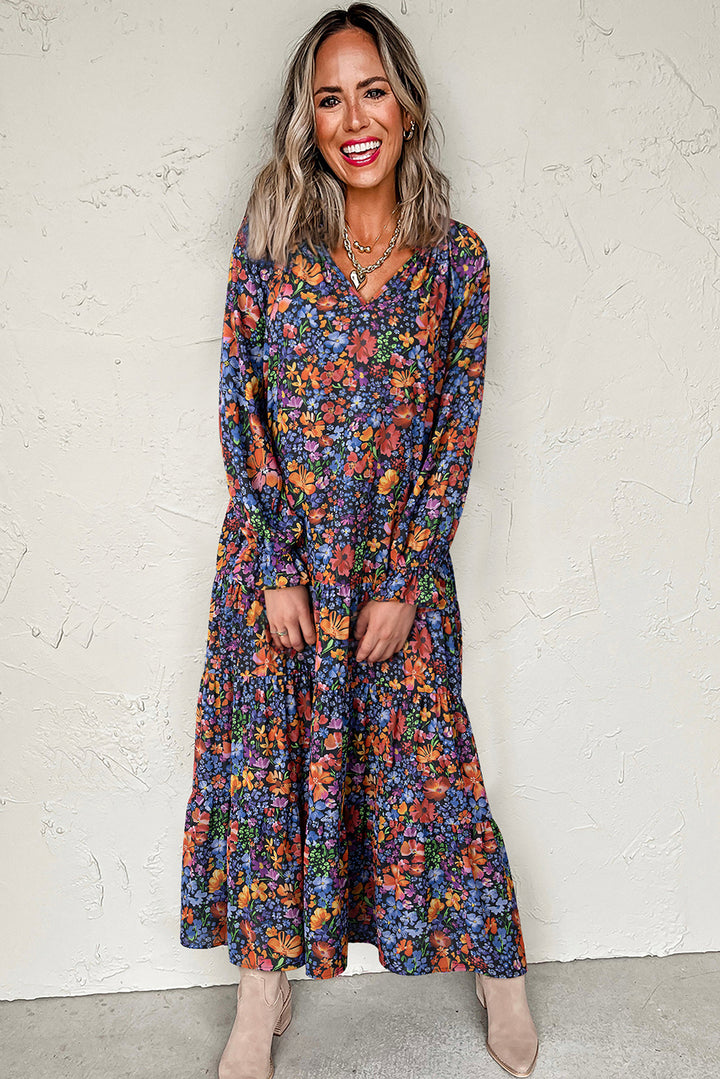 Blue Floral Print Tassel Tie V Neck Long Sleeve Flowy Maxi Dress