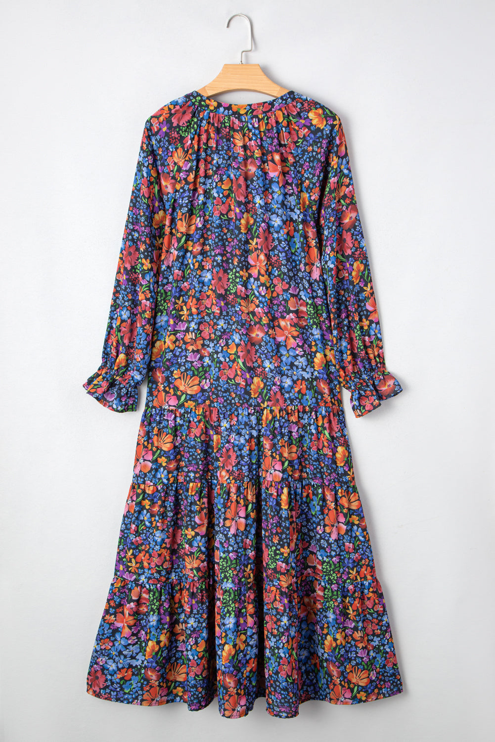 Blue Floral Print Tassel Tie V Neck Long Sleeve Flowy Maxi Dress