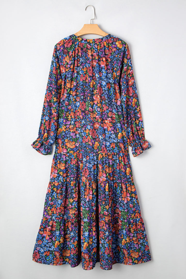 Blue Floral Print Tassel Tie V Neck Long Sleeve Flowy Maxi Dress