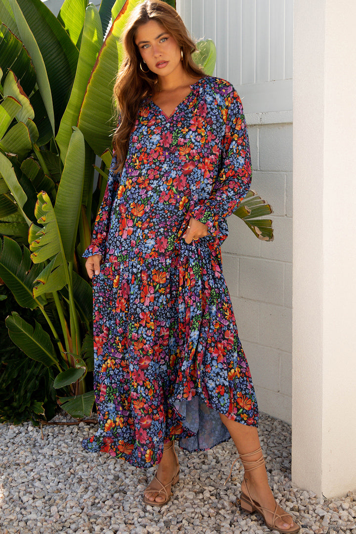 Blue Floral Print Tassel Tie V Neck Long Sleeve Flowy Maxi Dress