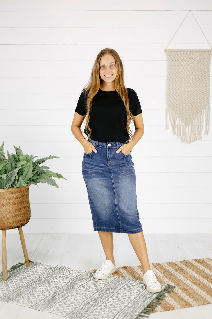 Modest Pencil Skirts Solid in Color with Banded Elastic Waist – Apostolic  Clothing Company