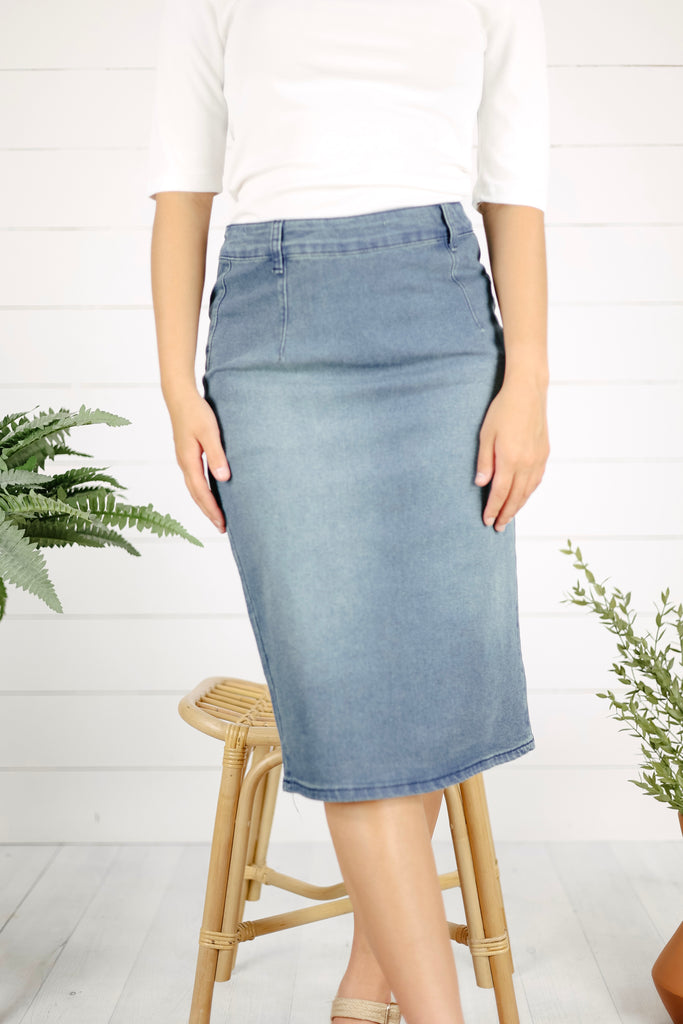 Women's Below The Knee Stretch Denim Pencil Skirt – Baby'O Clothing Co.