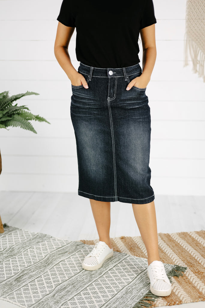 Black denim skirt outlet below knee